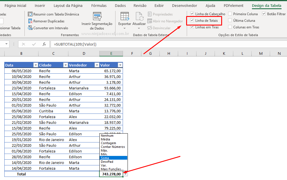 Linhas totais - Opções de Tabela no Excel