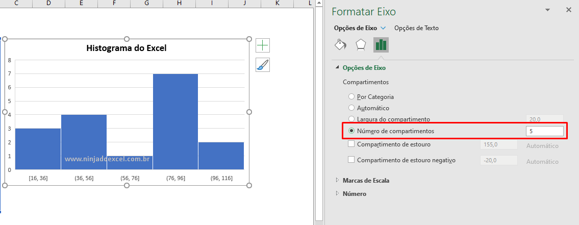 Largura do comprimento para histograma do Excel