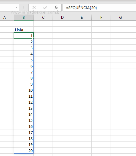 Primeira lista da função Sequência no Excel