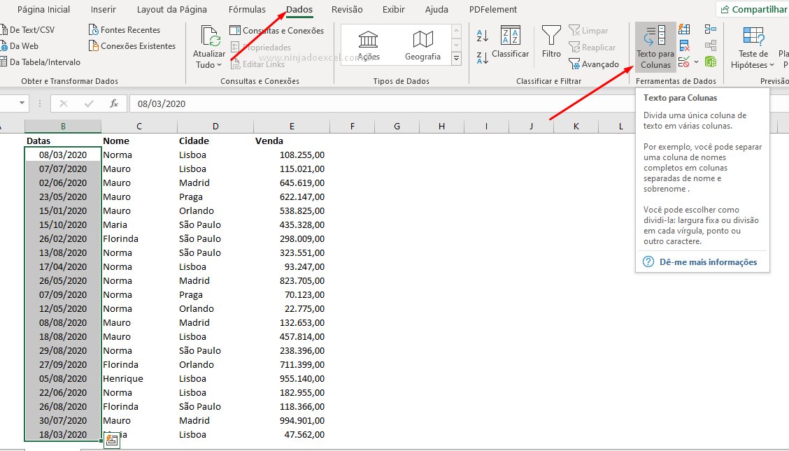 Texto para colunas para data americana no Excel