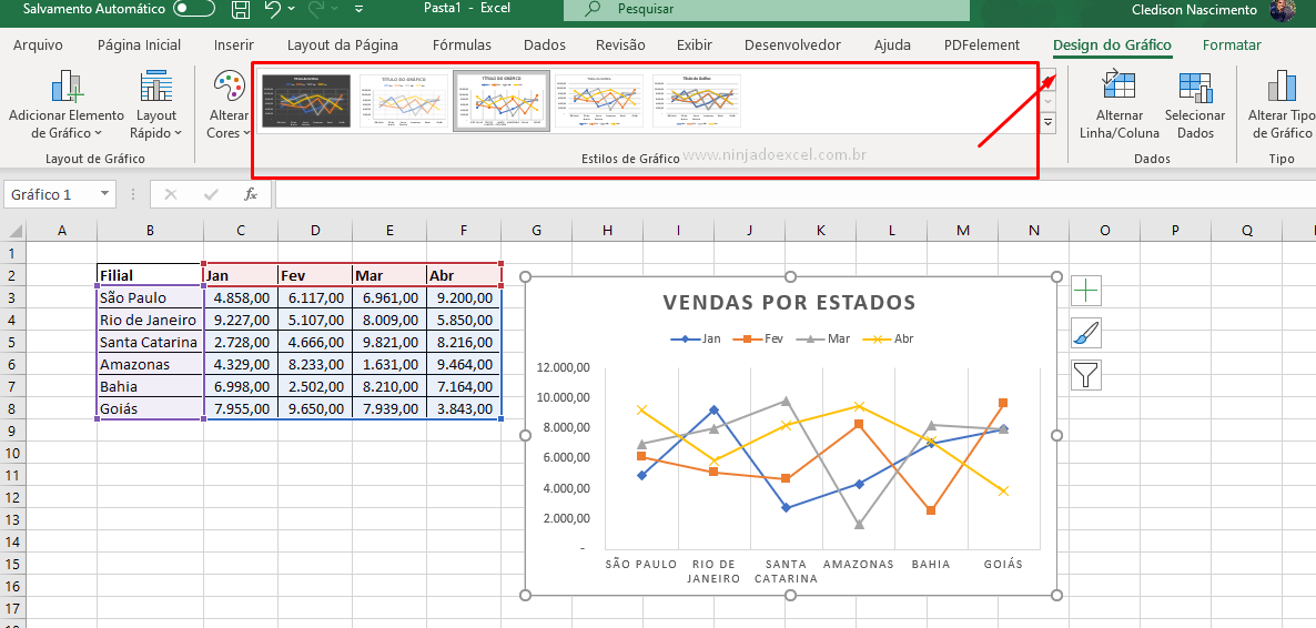 Estilo do gráfico de linhas no Excel