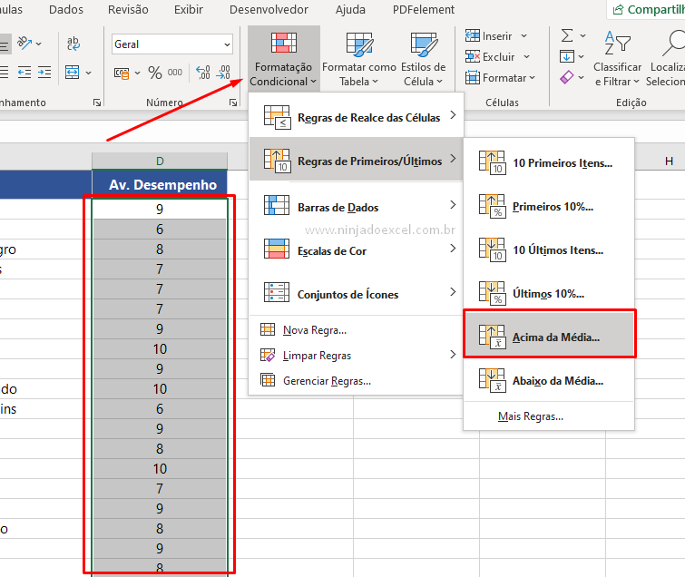 Formatação Condicional Acima da Média no Excel