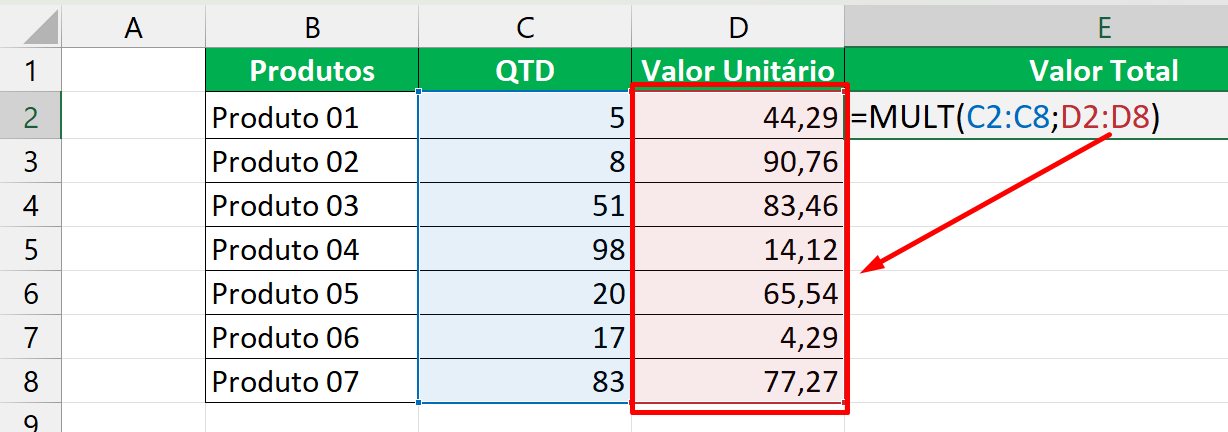Função MULT no Excel, seleção da coluna