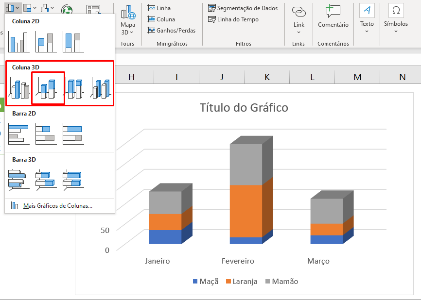 Gráfico de colunas empilhadas no Excel 3D