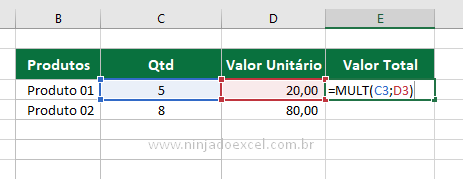 Usando Função MULT no Excel