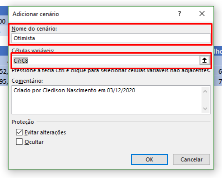 Cenário no Excel o otimista