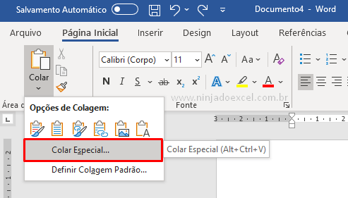 Colar Especial para converter Excel em Word