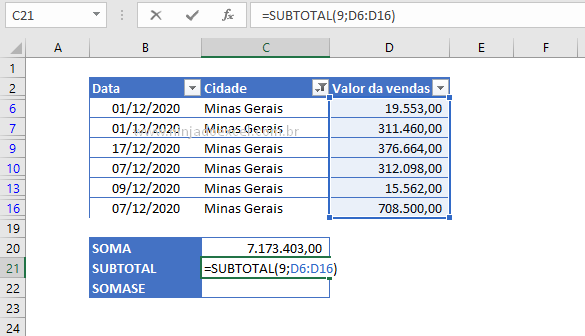 Função subtotal para Somar Dados Filtrados No Excel