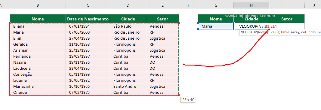 Matriz tabela da função VLOOKUP no Excel