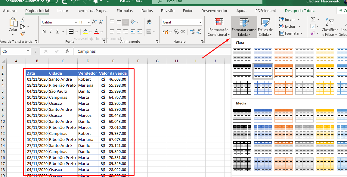 Tabelas Dinâmicas Recomendadas no Excel como tabela
