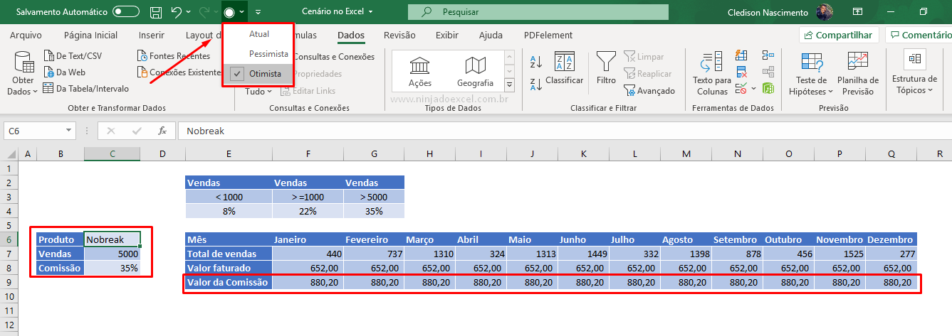 Testando Cenário no Excel