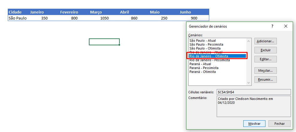 importar cenários no Excel Rio de Janeiro