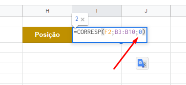 tipo_de_pesquisa da função CORRESP no Google Planilhas