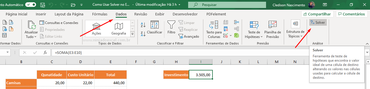 Clicando em Solver no Excel