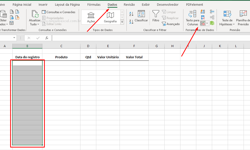 Clicando na Validação de Dados com Data no Excel