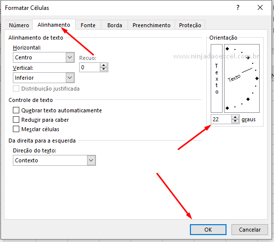 Configuração para girar texto em células no Excel