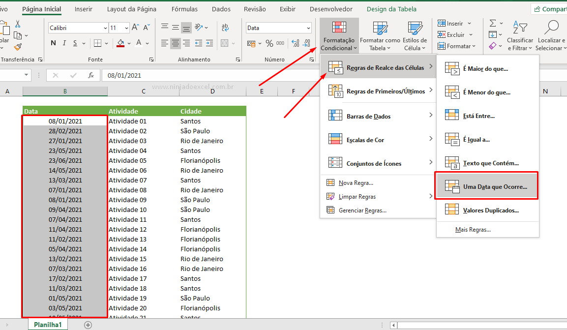 Opção de Formatação Condicional de Datas no Excel