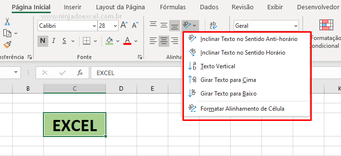 Opções para girar texto em células no Excel