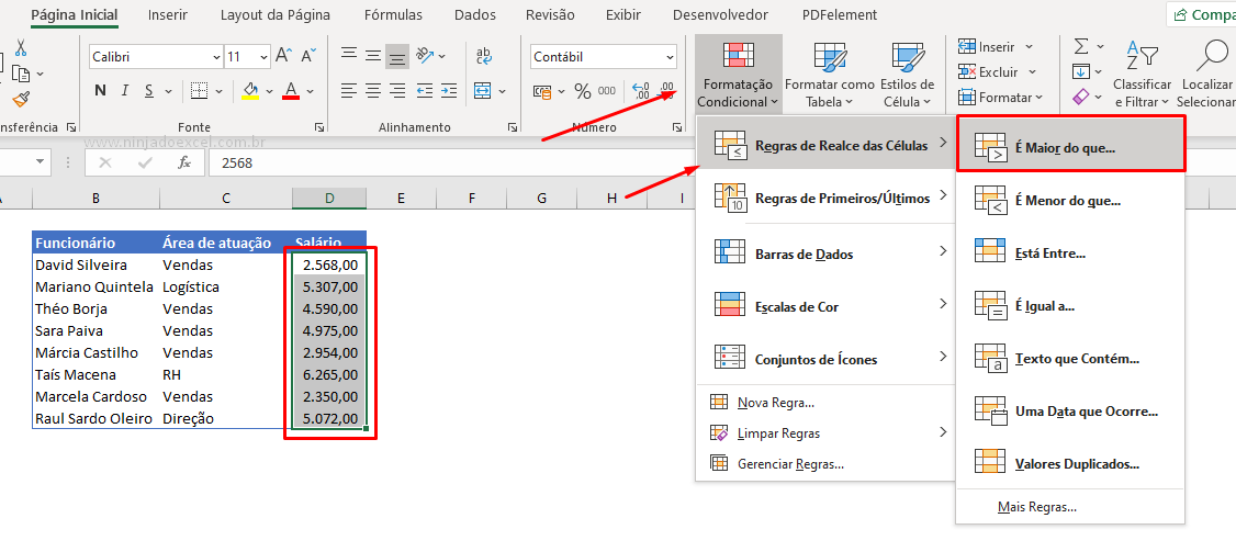 Seleção para Personalizar Formatação Condicional no Excel
