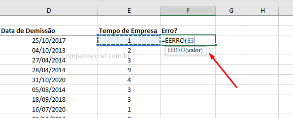 Selecionando célula do Função ÉERRO no Excel