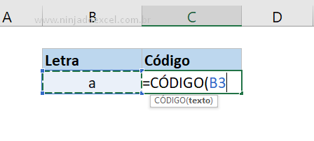 Abrindo a função para código da letra no Excel