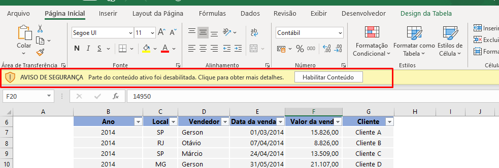 Aviso da Central de Confiabilidade do Excel