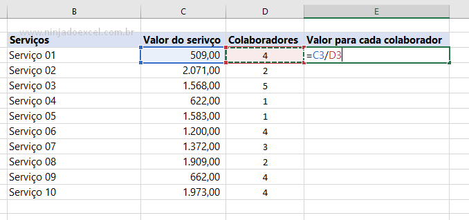 Cálculo para Divisão no Excel