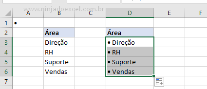 Células com símbolos na lista suspensa do Excel