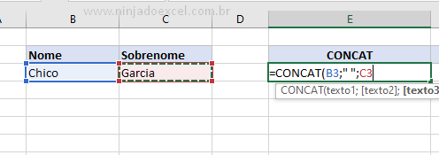 Função CONCAT para concatenar com & no Excel
