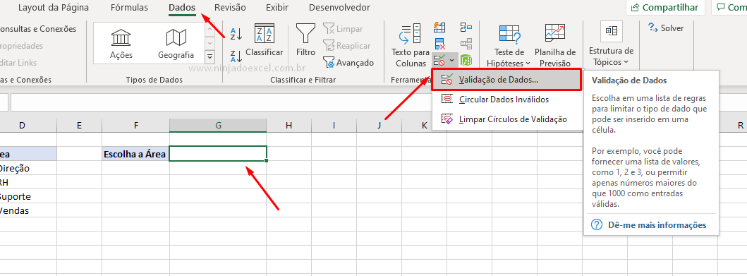 Inserindo validação para símbolos na lista suspensa do Excel