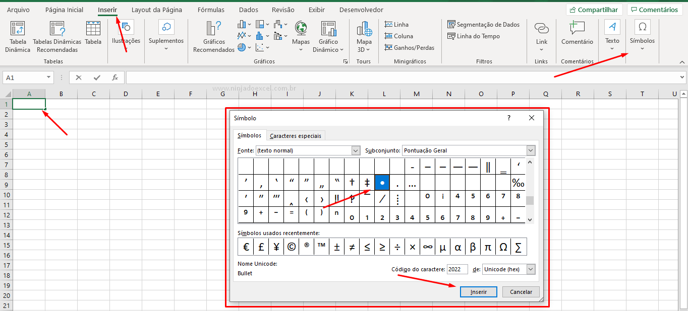 Janela de símbolos na lista suspensa do Excel