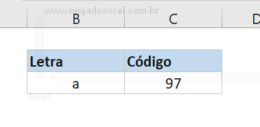 Primeiro resultado do código da letra no Excel