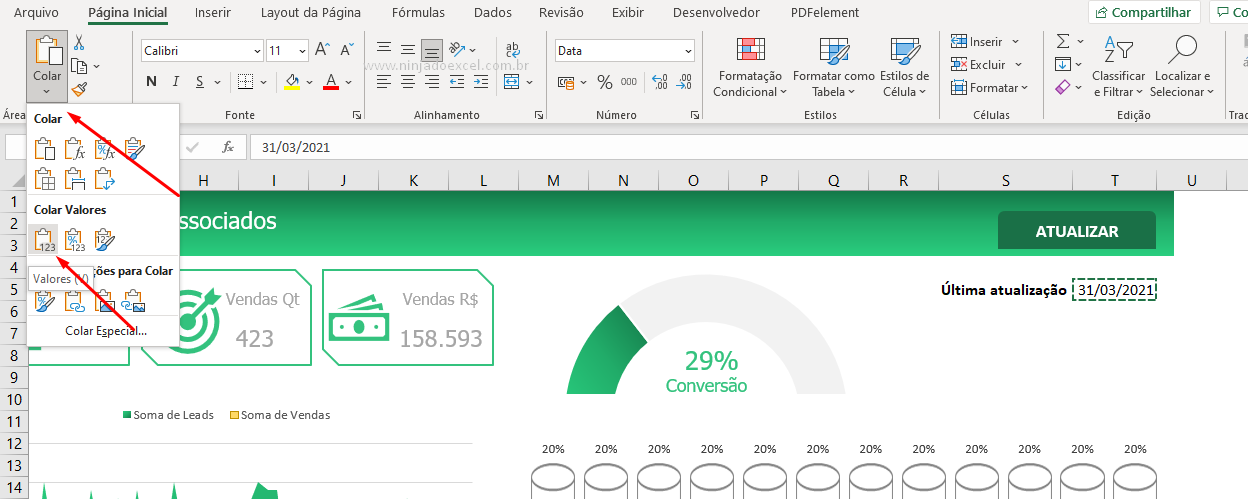 Colando data para inserir Data da Última Atualização no Excel