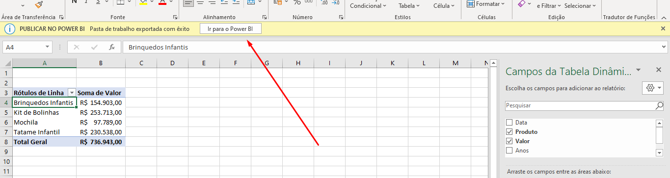Ir para Publicar no Power BI do Microsoft Excel