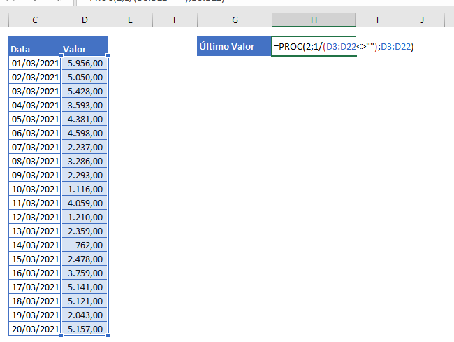 Vetor Resultado para Descobrir o Último Valor de uma Coluna na Planilha do Excel