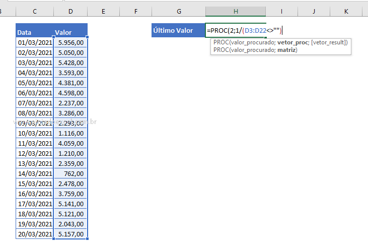 Vetor procurado para Descobrir o Último Valor de uma Coluna na Planilha do Excel