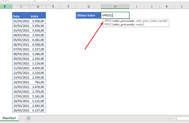 abrindo a função PROC para Descobrir o Último Valor de uma Coluna na Planilha do Excel