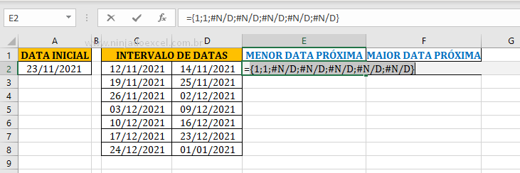 Analisando função corresp para encontrar Menor e Maior Data Mais Próxima no Excel