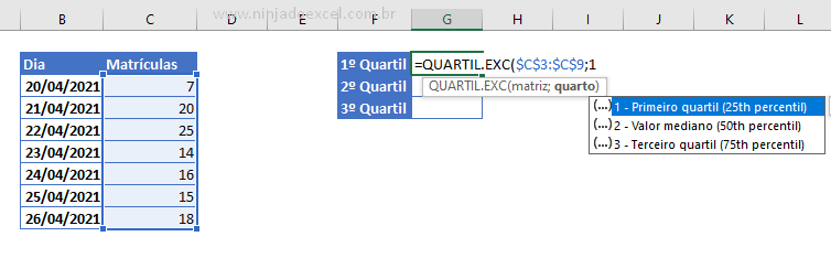 Calculando o primeiro Quartil no Excel