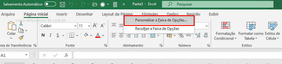 Clicando para acessar a guia de opções no Excel