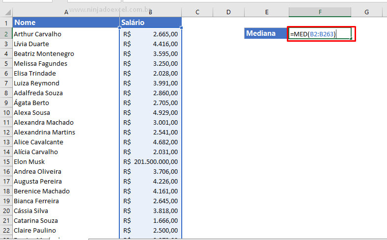Função MED para calcular a Mediana no Excel