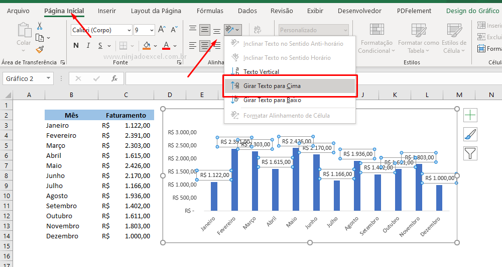 Girando rótulo de dados na vertical no Excel