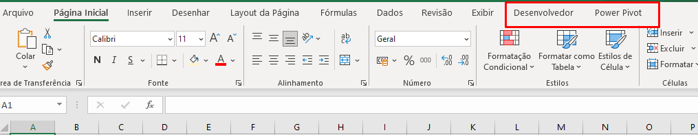 Novas guia de opções no Excel
