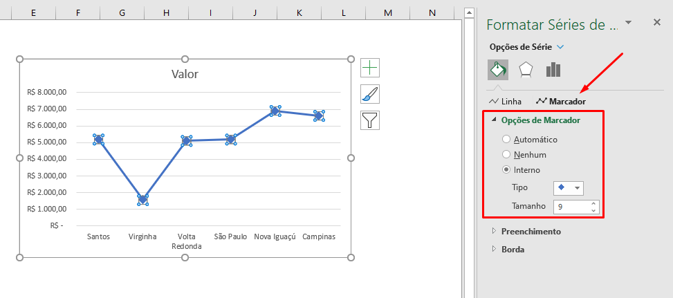Opções para Alterar os Marcadores de um Gráfico de Linha no Excel