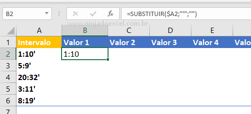 Resultado da Função Substituir para Completar Intervalos Numéricos no Excel