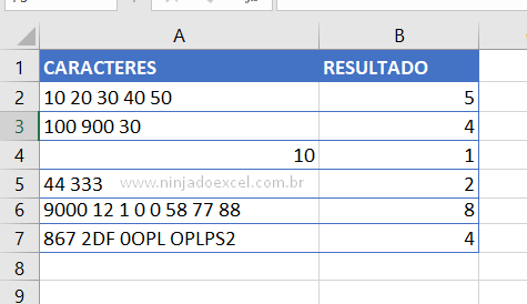 Resultado de Contar Palavras ou Números no Excel