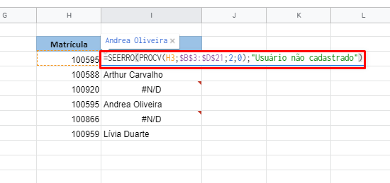 Usando Função SEERRO no Planilhas Google