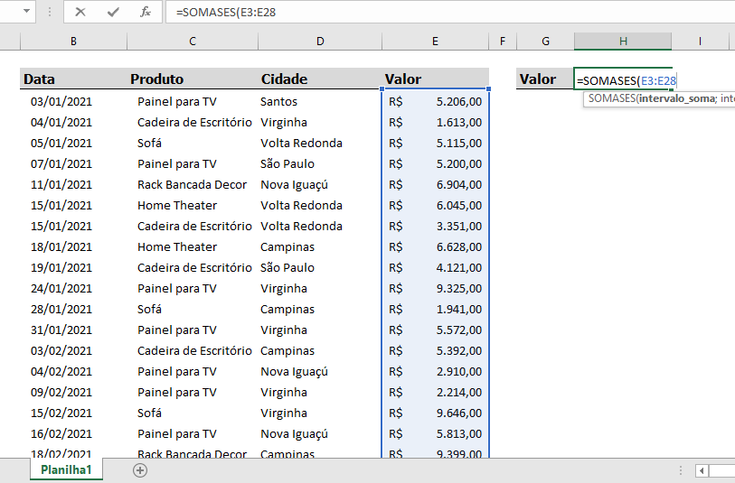 Valores para Somar Valores entre Duas Datas no Excel