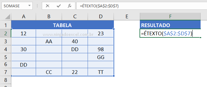 Abrindo Função ÉTEXTO no Excel