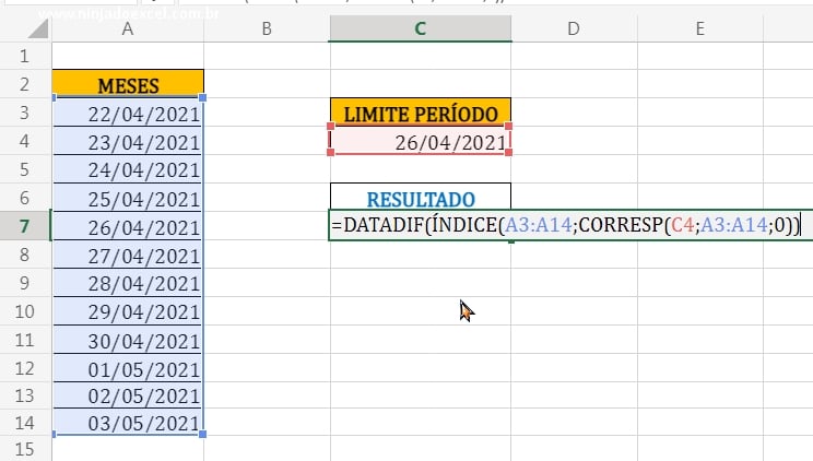 Aplicando Índice+Corresp no primeiro argumento da função Datadif em Função Datadif no Excel